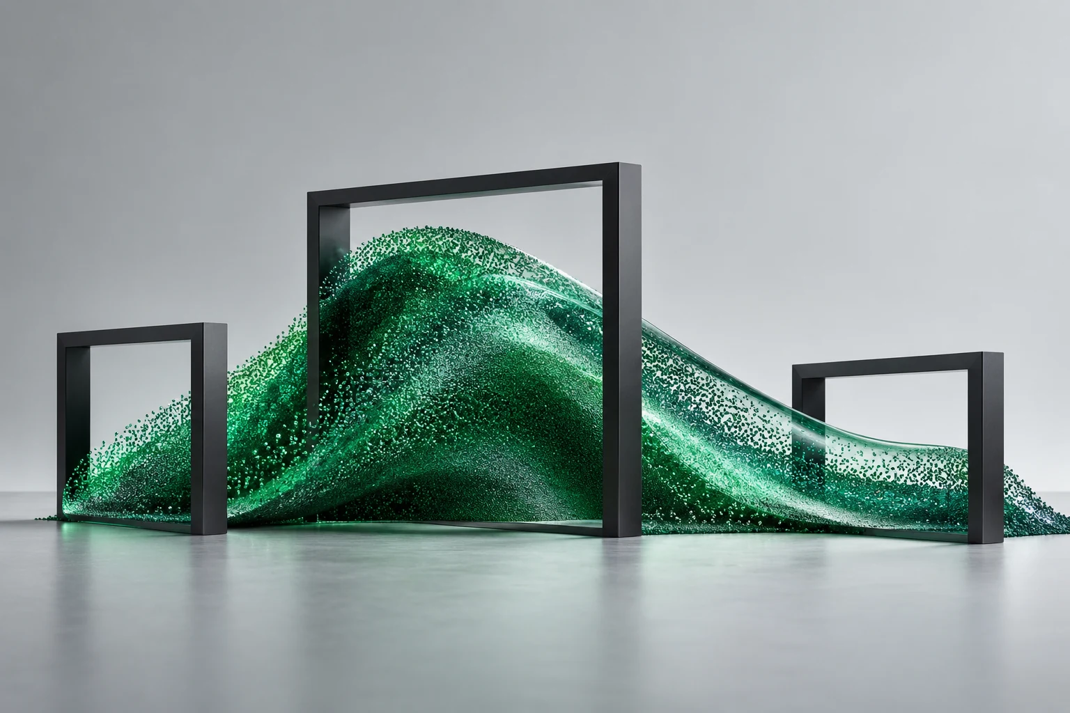An emerald dune of fine particles flows through charcoal frames, illustrating tailored enterprise intelligence.